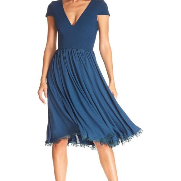 Dress the Population Corey Chiffon FitFlare Formal Dress Peacock Blue - Size S - Picture 1 of 10